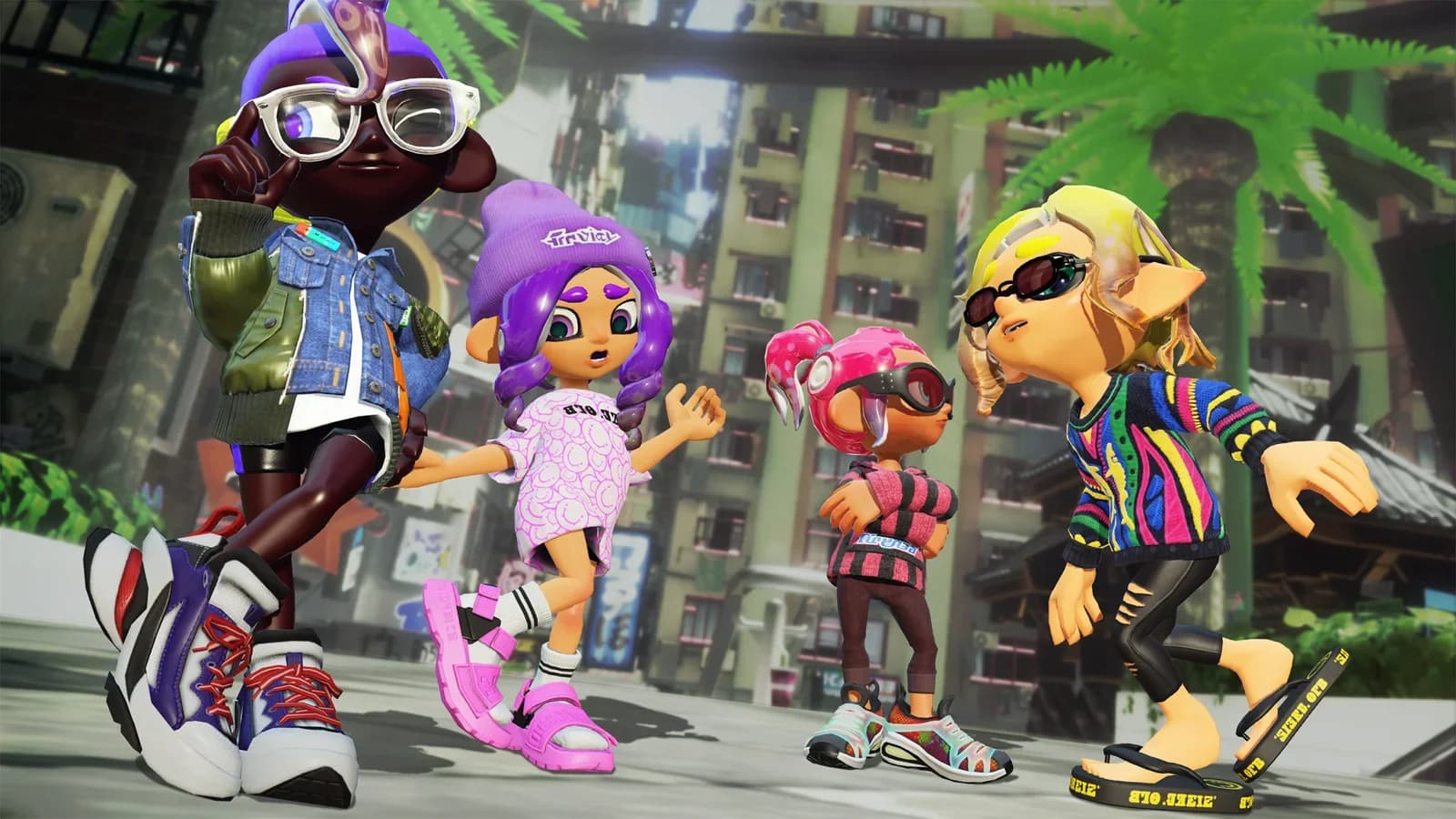 Splatoon 3 render of four Inklings and Octolings in Splatsville