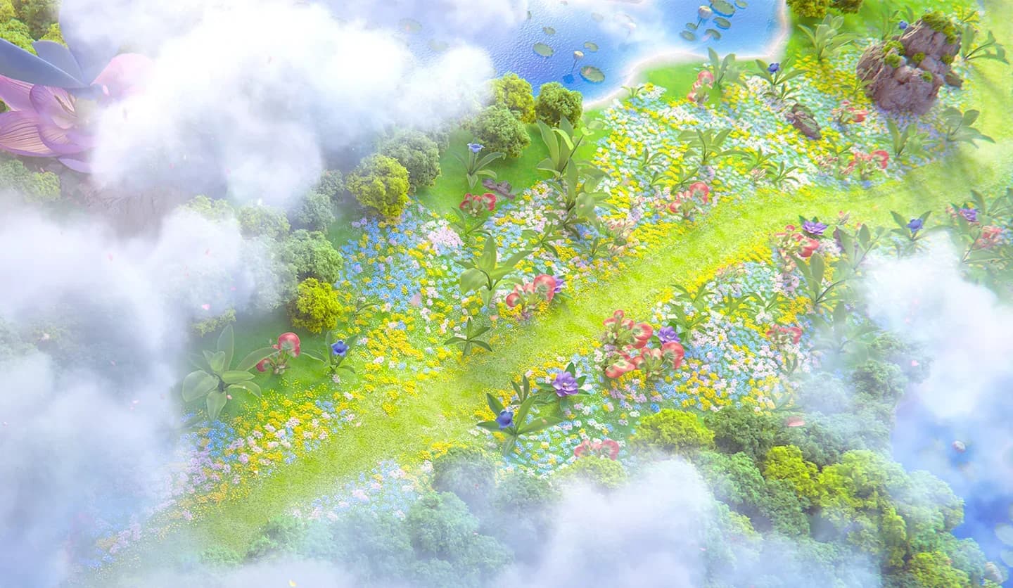 Kirby Air Riders artwork of a flowery Air Ride course from above