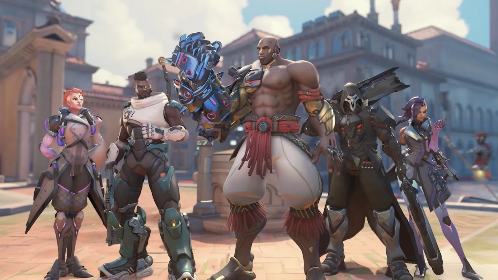 Overwatch key art of Moira, Baptiste, Doomfist, Reaper and Sombra