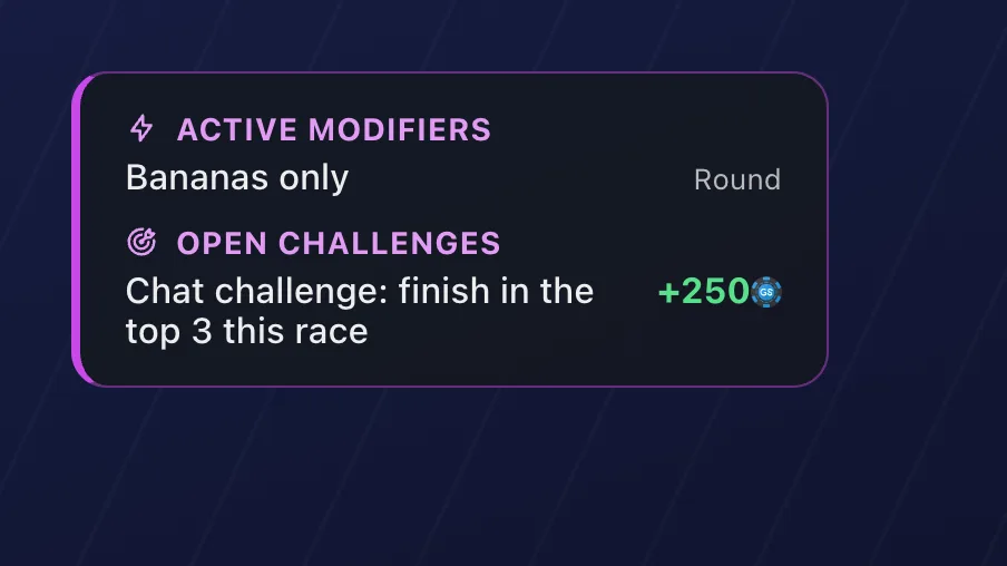 Chaos events on a stream overlay: an active modifier, Bananas only, and an open chat challenge worth 250 tokens