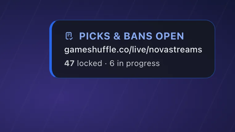 The picks and bans banner on a stream overlay, with the live page link and how many ballots are in