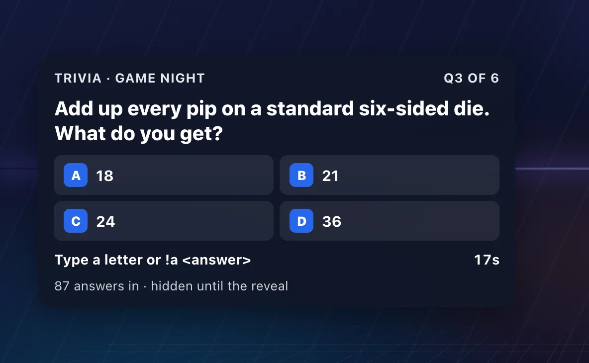 A trivia question on a stream overlay with four choices and a countdown